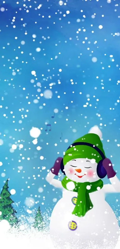 Cheerful snowman with green scarf on a snowy blue background.