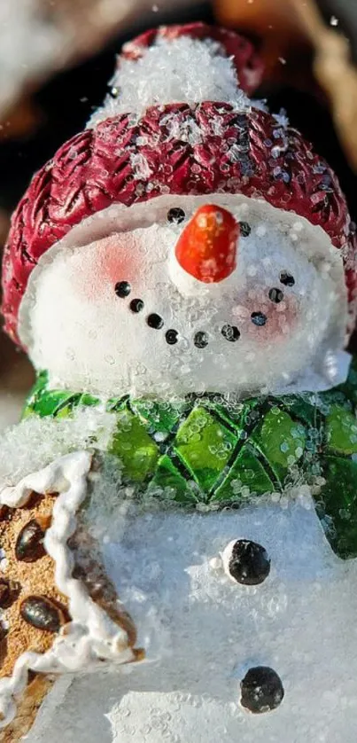 Cheerful snowman with red hat and green scarf in snowy background.