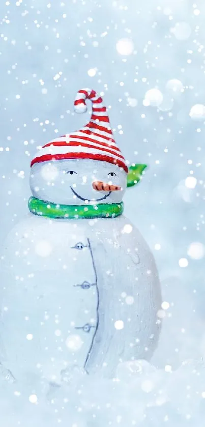 Cheerful snowman with striped hat in a snowy winter background.