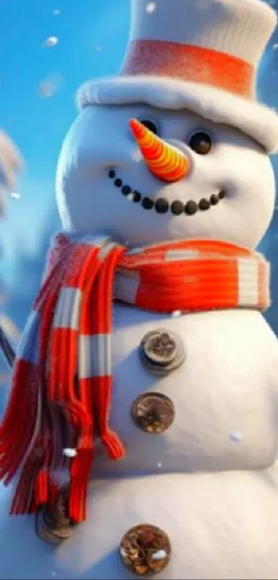 Cheerful snowman in bright orange scarf standing on snowy background.