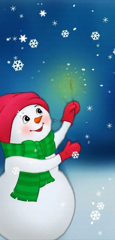 Cheerful snowman with red hat and green scarf amidst snowflakes on blue background.