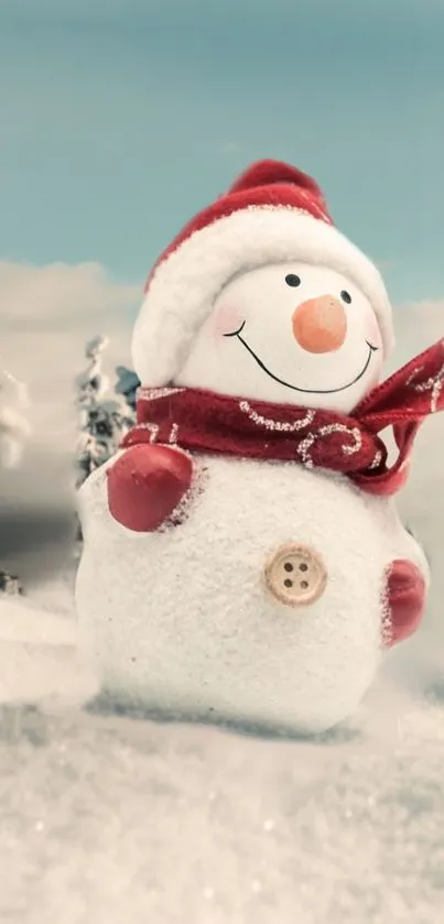 Cheerful snowman in snowy winter scene with festive charm.