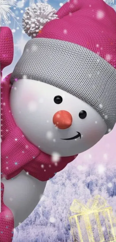 Playful snowman with pink hat on a snowy winter background.