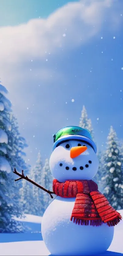 Snowman in a snowy forest, wearing a scarf, under a bright blue sky.