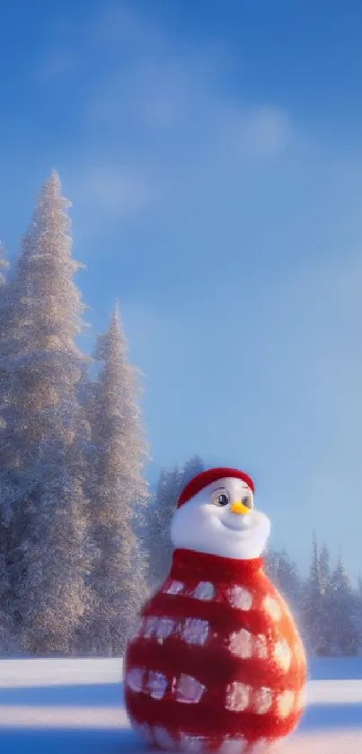 Cheerful snowman in a snowy forest with a bright blue sky.
