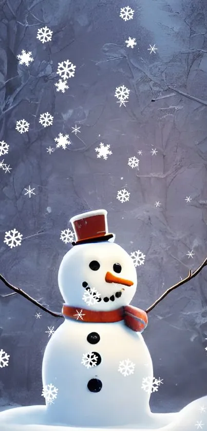 Cheerful snowman in a frosty, snowy forest setting.