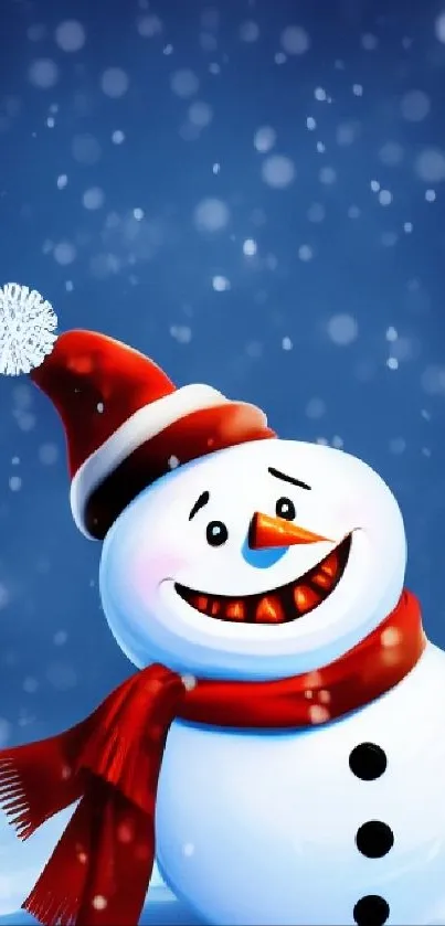 Cheerful snowman with a red scarf on a winter background.