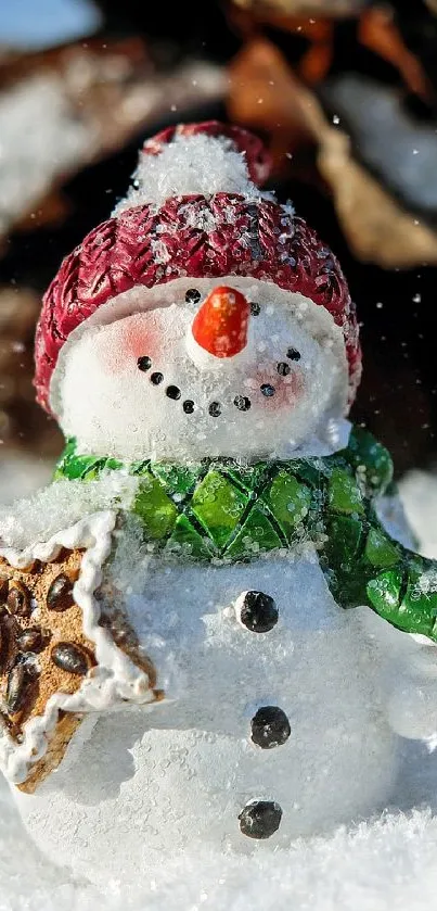 Festive snowman with green scarf and red hat, holding a cookie.