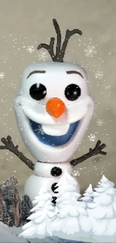 Cheerful snowman with snowflakes on a winter-themed mobile wallpaper.
