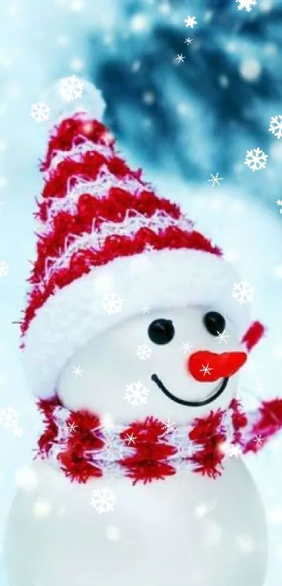 Cheerful snowman with red hat on snowy background.