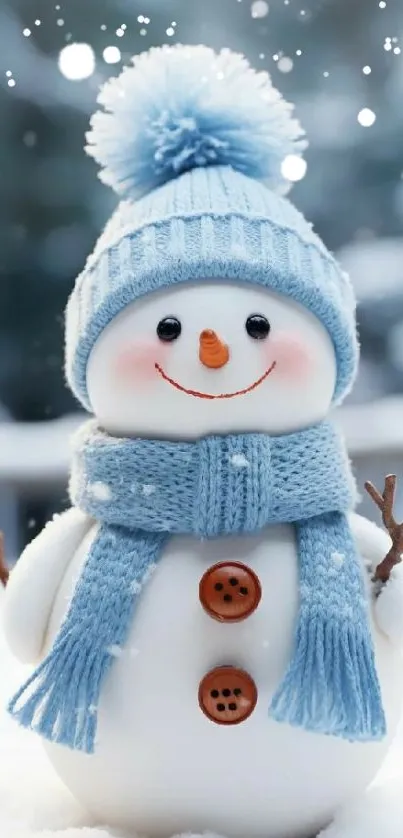 Cheerful snowman with blue hat in snowy background