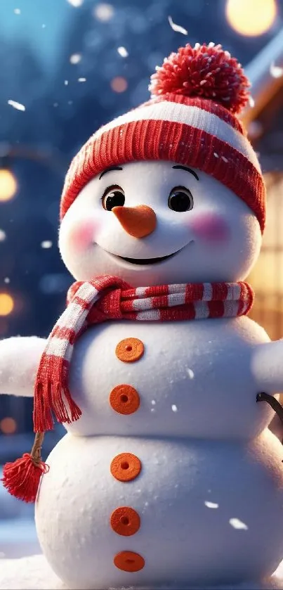 Cheerful snowman with scarf and hat in winter scene.