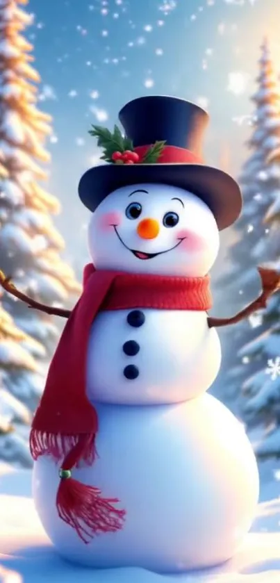 Cheerful snowman with scarf in snowy forest.