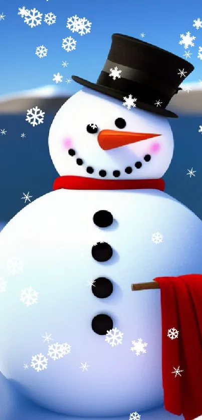 Cheerful snowman with a red scarf and black hat on a snowy landscape.
