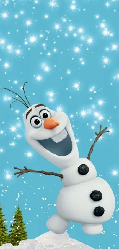 Cheerful snowman with bright sky and snowflakes mobile wallpaper.