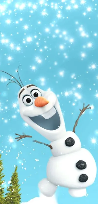 Cheerful snowman in a winter scene with blue sky and snowflakes.