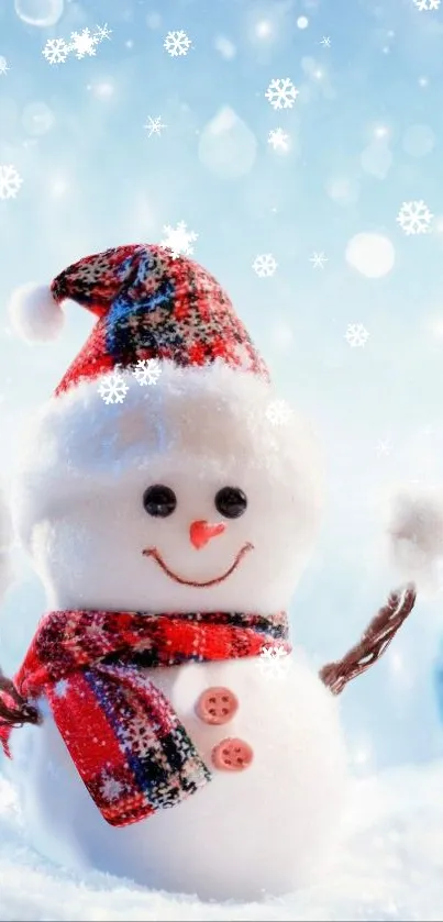 Cheerful snowman with red scarf in a snowy winter background.