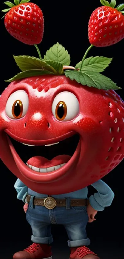 Cheerful strawberry character on black background.