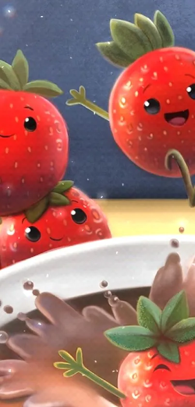 Animated strawberries in chocolate splash artwork.