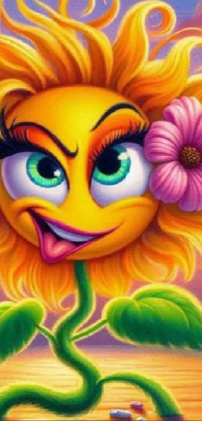 Cartoon sunflower with expressive face and vibrant petals.