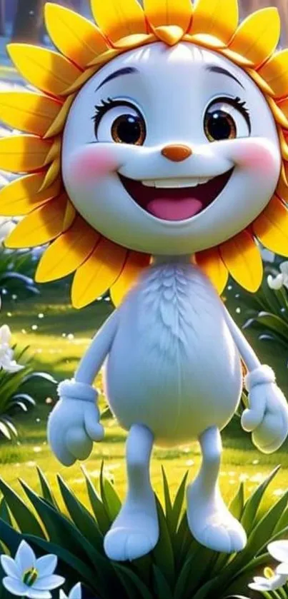 Vibrant cartoon sunflower character in a cheerful garden.
