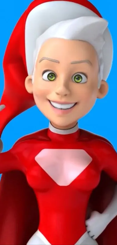 Animated superhero character with red costume and blue background.