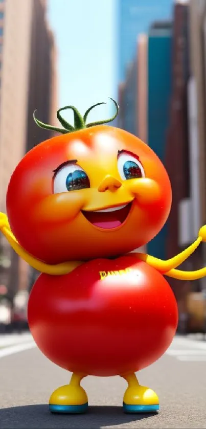 Cartoon tomato character in a vibrant city scene.