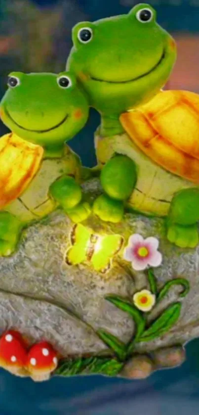 Two smiling turtles on a rock with flowers and mushrooms.