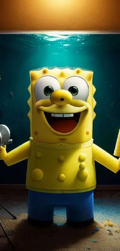 Cheerful cartoon character in yellow with underwater theme.