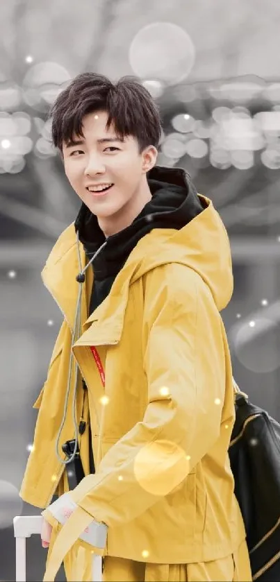 Person in a yellow coat smiling in an urban setting.