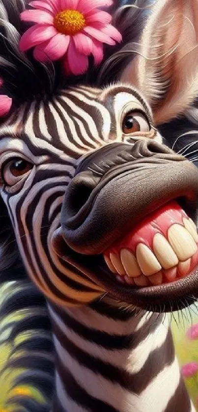 Smiling zebra with colorful daisies in vibrant field.