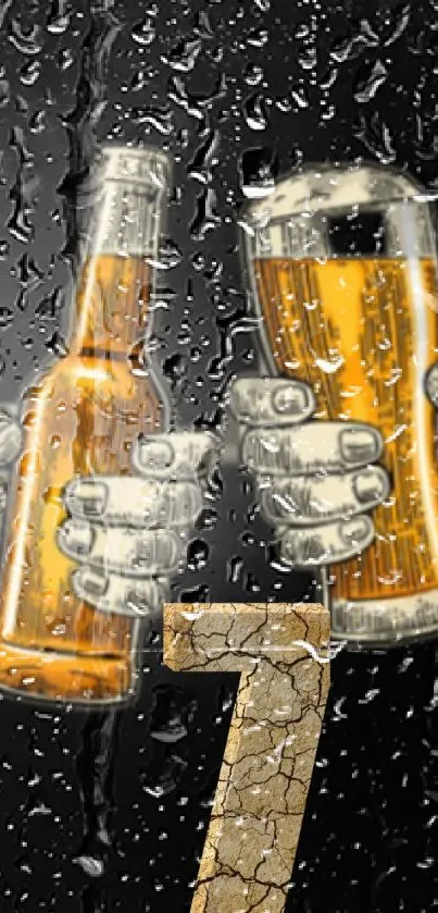 Artistic beer glasses raised in cheers with droplets.