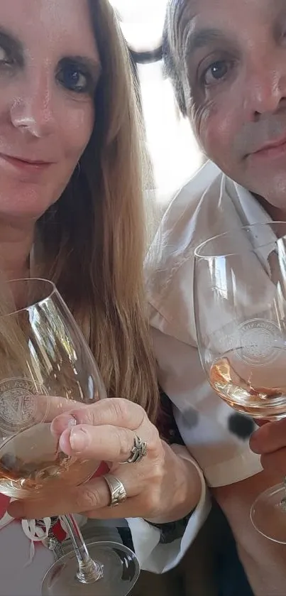 Two people toasting with wine glasses in a cozy setting.