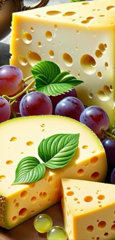 Artistic illustration of cheese and grapes, perfect for food art lovers.