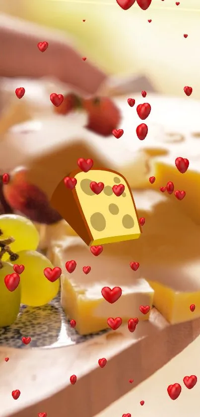 Cheese, grapes, and red hearts design for mobile wallpaper.