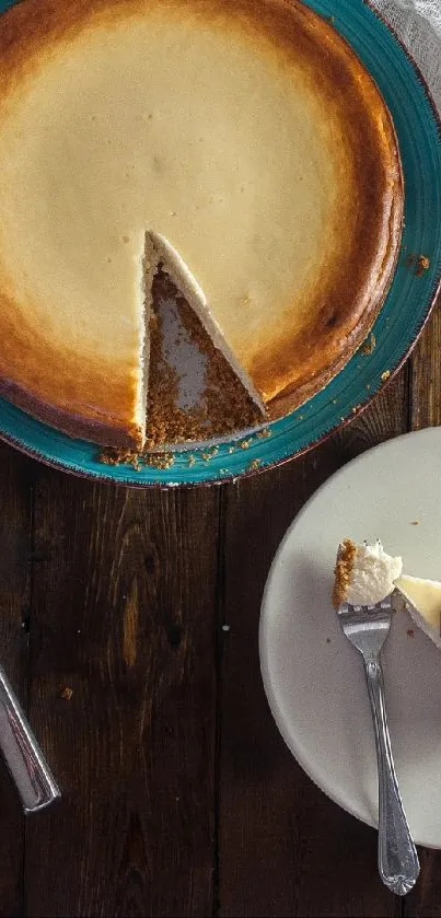 Rustic cheesecake on wooden table background.
