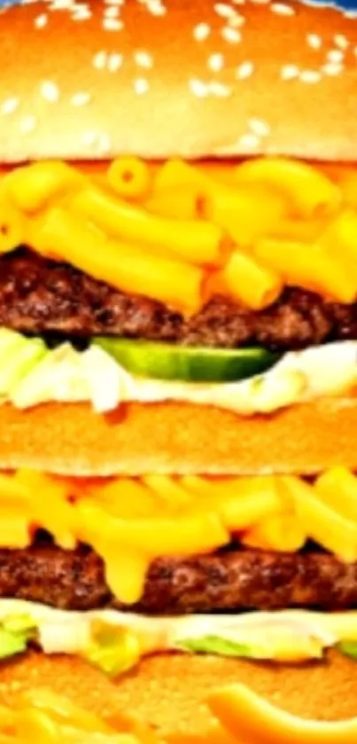 Cheesy burger with mac and cheese wallpaper in vibrant colors.