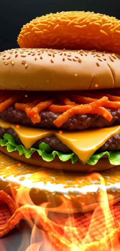 Close-up of a double cheeseburger with vibrant, crispy orange toppings.