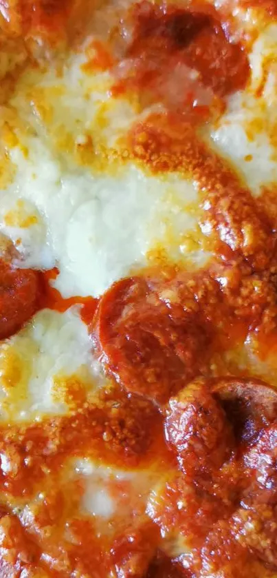 Close-up of a cheesy pepperoni pizza slice.