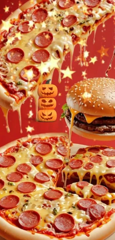 A cheesy pepperoni pizza and burger against a red background with stars.