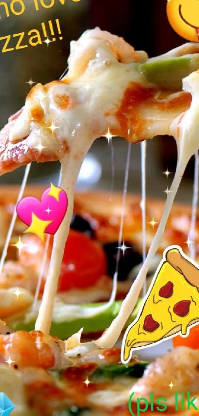 Cheesy pizza slice with fun emojis.