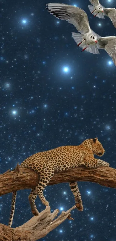 Cheetah resting on branch under starry sky with birds in flight.