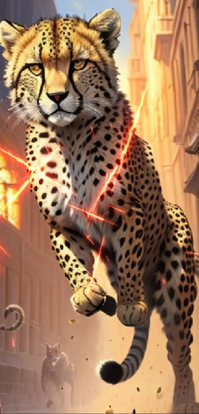 Dynamic cheetah racing through a vibrant city street.