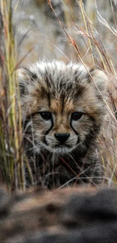 Cheetah cub peering through tall grass in a natural setting.