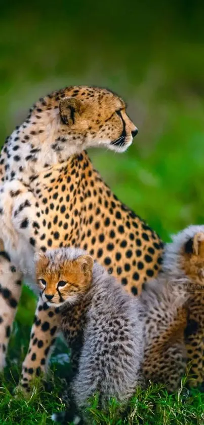 Cheetah with cubs in grassland, nature wallpaper.