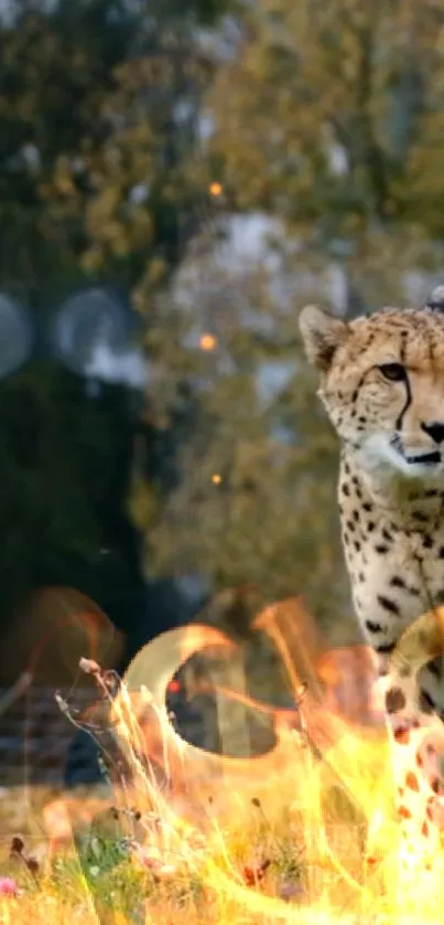 Cheetah standing amid fiery landscape with forest background.