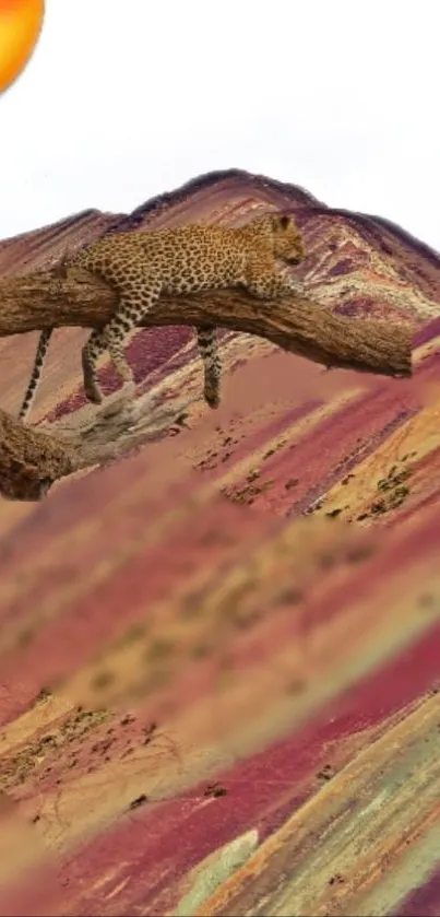 Cheetah resting on a vibrant, colorful mountain branch.