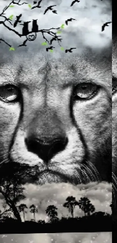 Monochrome cheetah wallpaper with green accents and wildlife theme.