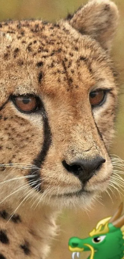 Close-up of cheetah with dragon emblem in corner.