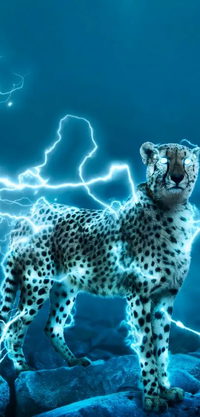 Cheetah with lightning and electric blue aura wallpaper.